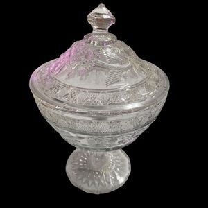 Antique EAPG Indiana Glass Bird & Strawberry Covered Compote High Standard